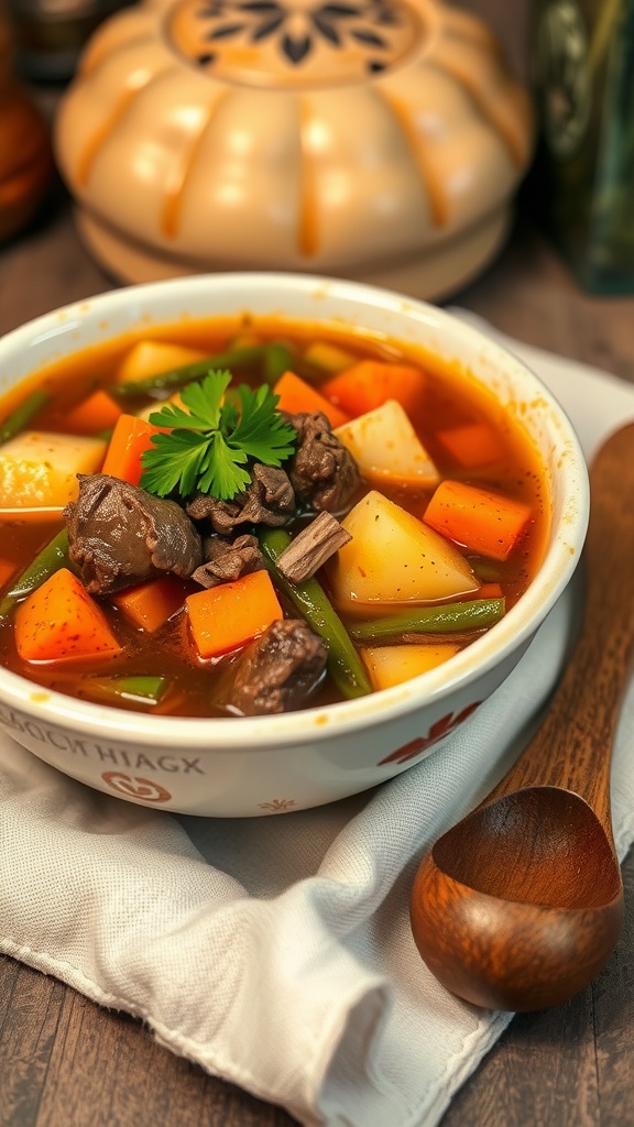 A bowl of beef vegetable soup with chunks of beef, carrots, potatoes, and green beans in broth, garnished with parsley on a wooden table.